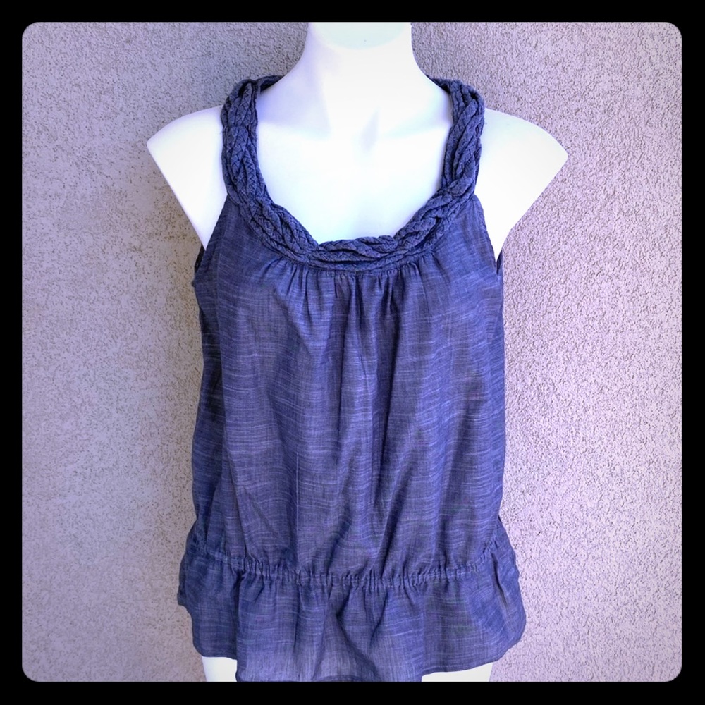 Denim Blue Braided Neck Sleeveless Peplum Shirt